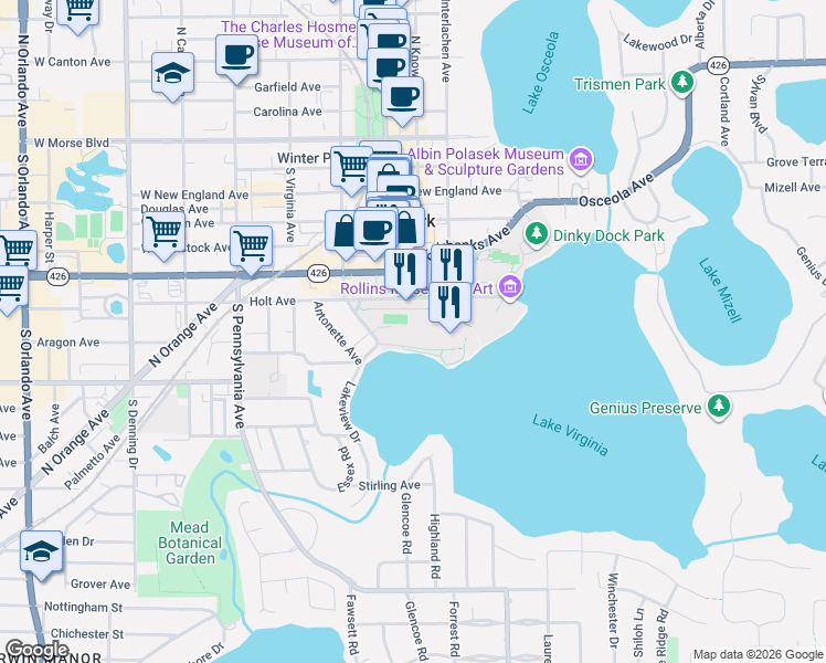 map of restaurants, bars, coffee shops, grocery stores, and more near 1000 Holt Avenue in Winter Park