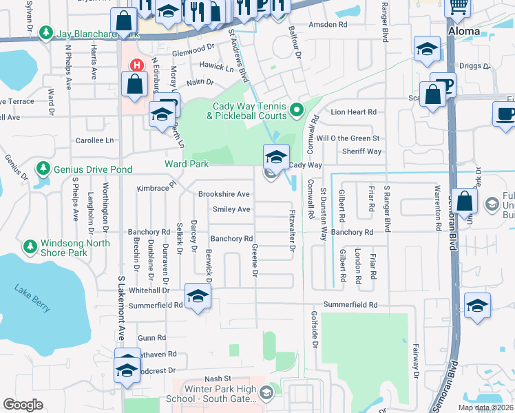 map of restaurants, bars, coffee shops, grocery stores, and more near 2408 Brookshire Avenue in Winter Park