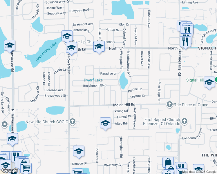 map of restaurants, bars, coffee shops, grocery stores, and more near 3816 Indian Woods Road in Orlando