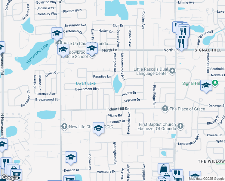map of restaurants, bars, coffee shops, grocery stores, and more near 3814 Westgate Road in Orlando