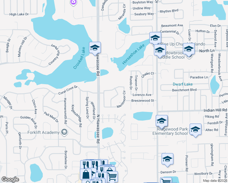 map of restaurants, bars, coffee shops, grocery stores, and more near 6574 Meritmoor Circle in Orlando