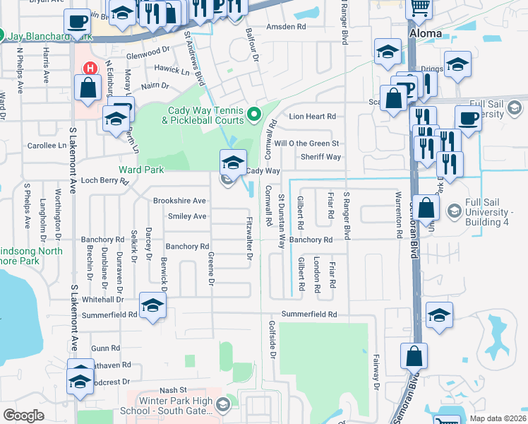 map of restaurants, bars, coffee shops, grocery stores, and more near 505 Cornwall Road in Winter Park