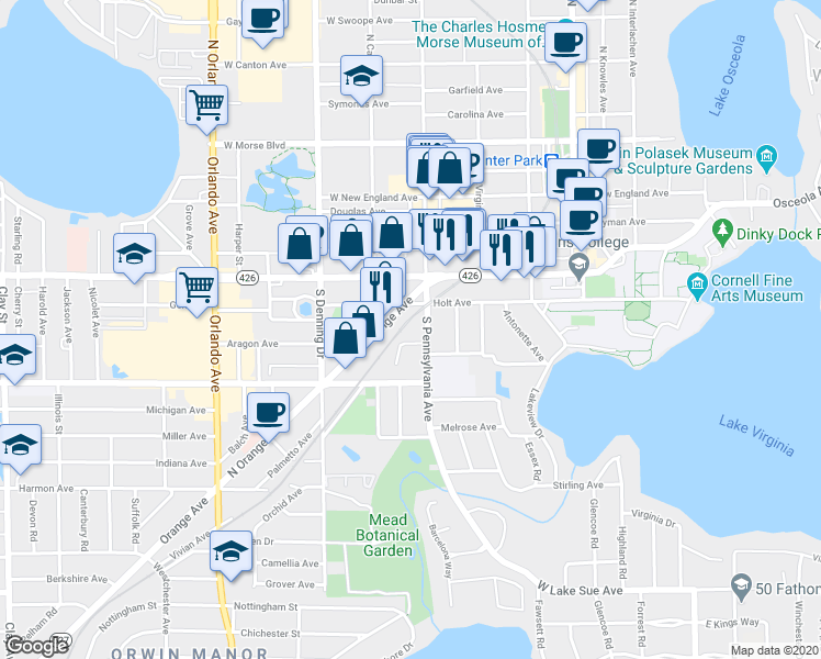 map of restaurants, bars, coffee shops, grocery stores, and more near 741 South Pennsylvania Avenue in Winter Park