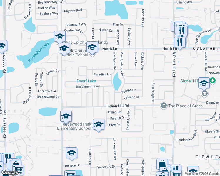 map of restaurants, bars, coffee shops, grocery stores, and more near 3814 Westgate Road in Orlando