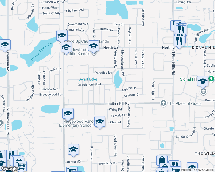 map of restaurants, bars, coffee shops, grocery stores, and more near 3816 Indian Woods Road in Orlando