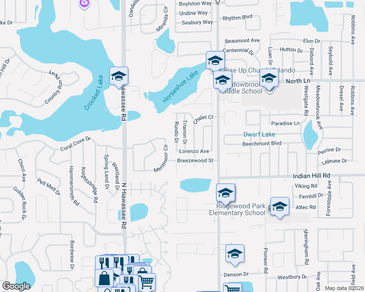 map of restaurants, bars, coffee shops, grocery stores, and more near 3656 Trianon Drive in Orlando