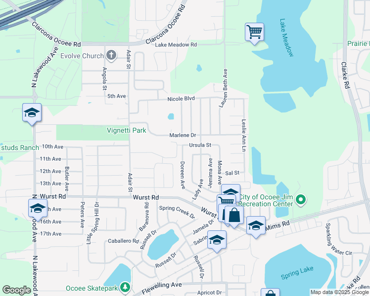 map of restaurants, bars, coffee shops, grocery stores, and more near 1707 Doreen Avenue in Ocoee