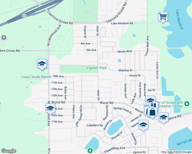 map of restaurants, bars, coffee shops, grocery stores, and more near 1805 Adair Street in Ocoee