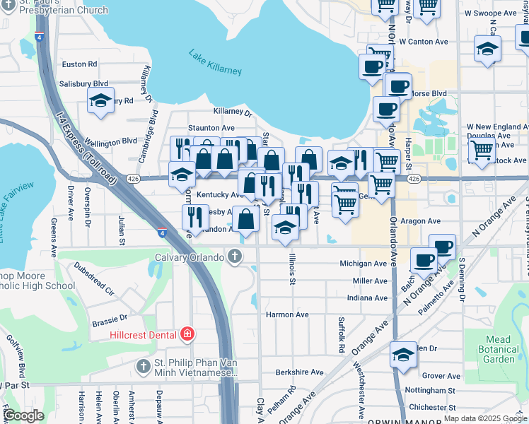map of restaurants, bars, coffee shops, grocery stores, and more near 713 Clay Street in Winter Park