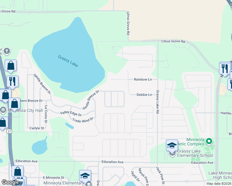 map of restaurants, bars, coffee shops, grocery stores, and more near 831 Shore Breeze Way in Minneola