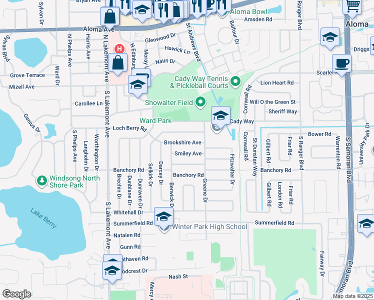 map of restaurants, bars, coffee shops, grocery stores, and more near 2315 Smiley Avenue in Winter Park