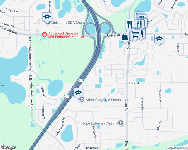 map of restaurants, bars, coffee shops, grocery stores, and more near 3700 Linsbury Street in Orlando