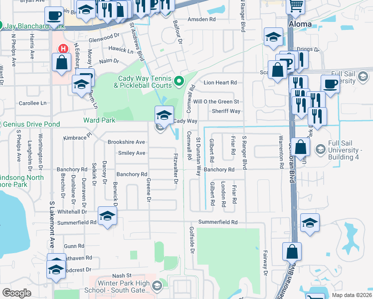map of restaurants, bars, coffee shops, grocery stores, and more near 505 Cornwall Road in Winter Park