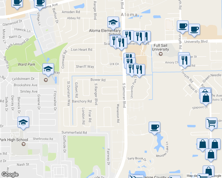 map of restaurants, bars, coffee shops, grocery stores, and more near 2952 De Brocy Way in Winter Park