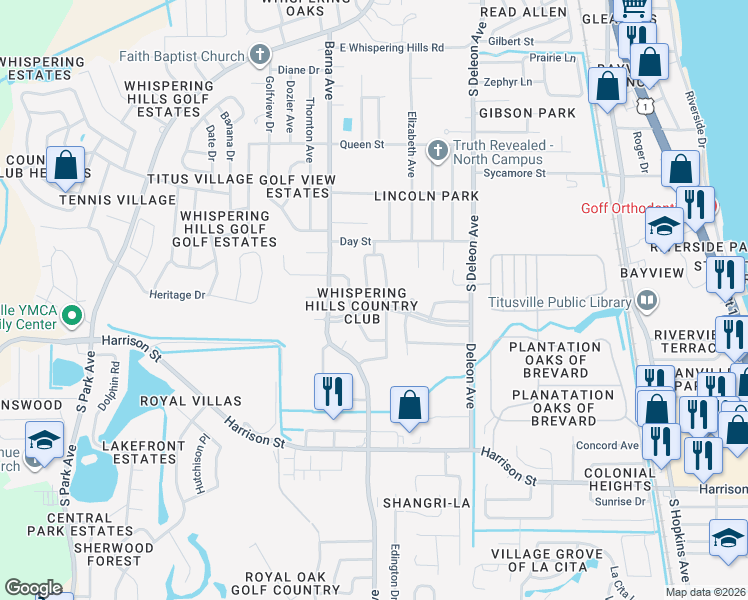 map of restaurants, bars, coffee shops, grocery stores, and more near 2045 Burning Tree Drive in Titusville