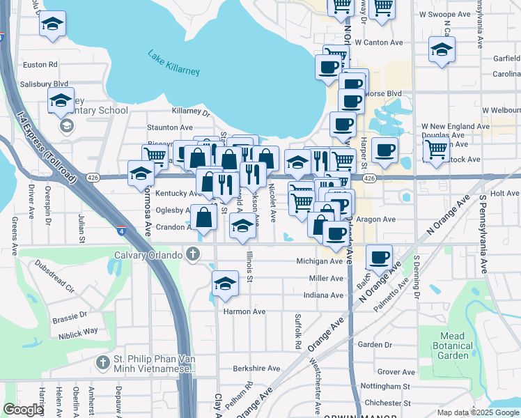 map of restaurants, bars, coffee shops, grocery stores, and more near 720 Jackson Avenue in Winter Park