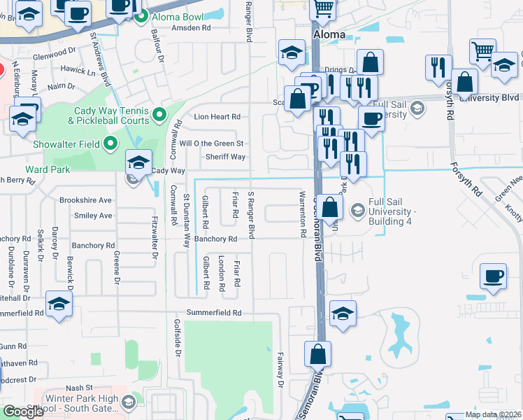 map of restaurants, bars, coffee shops, grocery stores, and more near 2911 Roughbeard Road in Winter Park