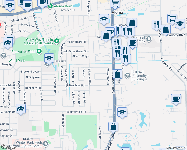 map of restaurants, bars, coffee shops, grocery stores, and more near 2911 Roughbeard Road in Winter Park