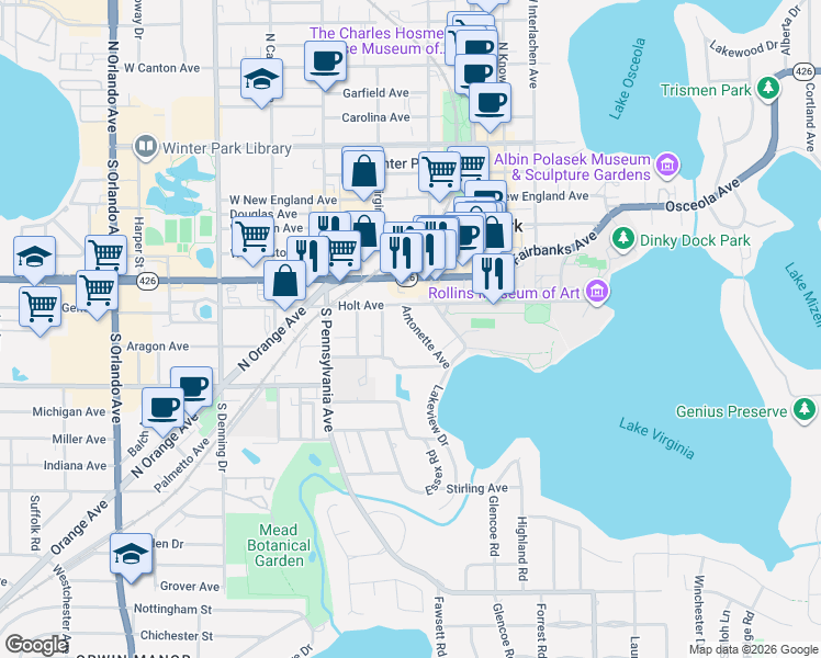 map of restaurants, bars, coffee shops, grocery stores, and more near 739 Antonette Avenue in Winter Park