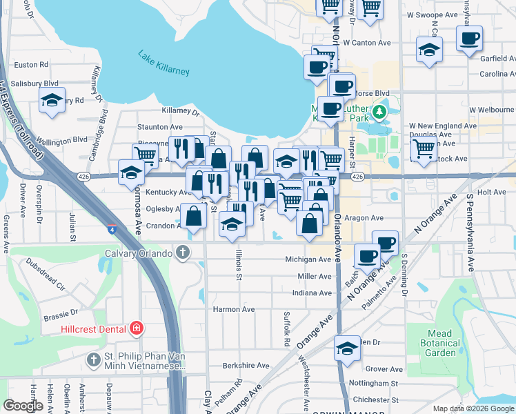 map of restaurants, bars, coffee shops, grocery stores, and more near 720 Jackson Avenue in Winter Park