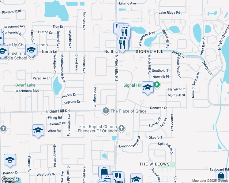 map of restaurants, bars, coffee shops, grocery stores, and more near 5200 Van Aken Drive in Orlando