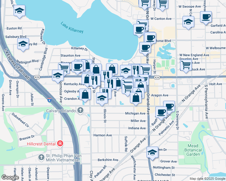 map of restaurants, bars, coffee shops, grocery stores, and more near 720 Jackson Avenue in Winter Park