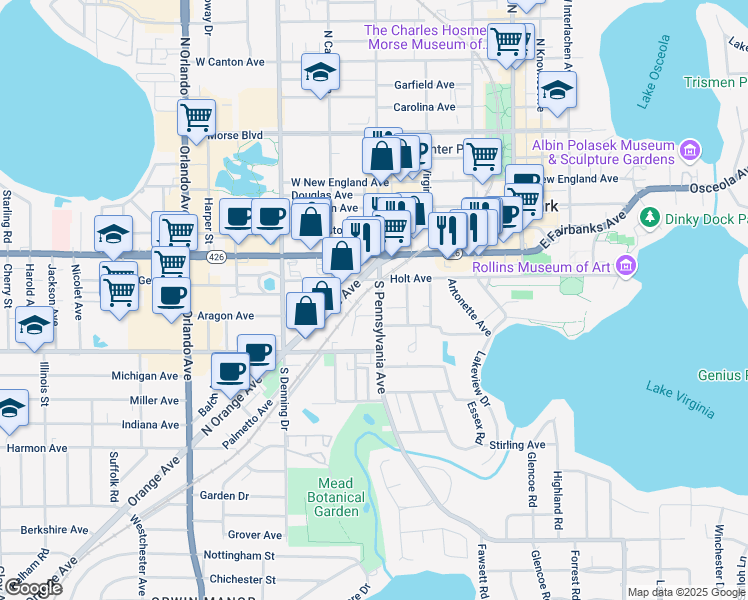 map of restaurants, bars, coffee shops, grocery stores, and more near 741 South Pennsylvania Avenue in Winter Park