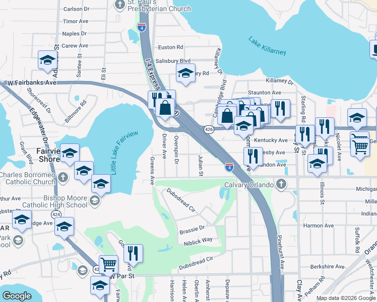 map of restaurants, bars, coffee shops, grocery stores, and more near 711 Baffie Avenue in Winter Park