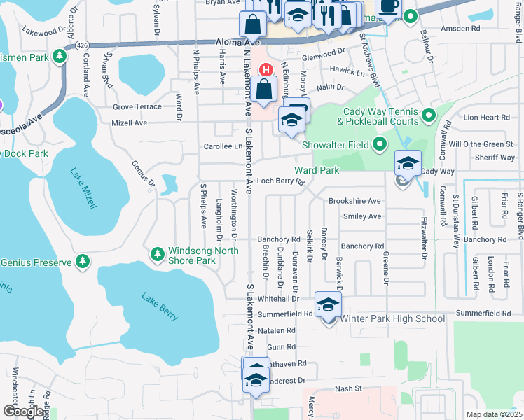 map of restaurants, bars, coffee shops, grocery stores, and more near 437 Brechin Drive in Winter Park