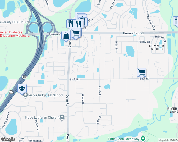map of restaurants, bars, coffee shops, grocery stores, and more near 10142 Eastern Lake Avenue in Orlando