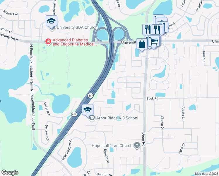 map of restaurants, bars, coffee shops, grocery stores, and more near 3700 Linsbury Street in Orlando