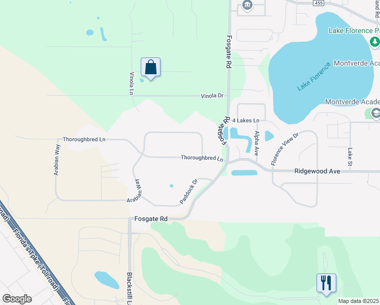 map of restaurants, bars, coffee shops, grocery stores, and more near 15801 Thoroughbred Lane in Montverde