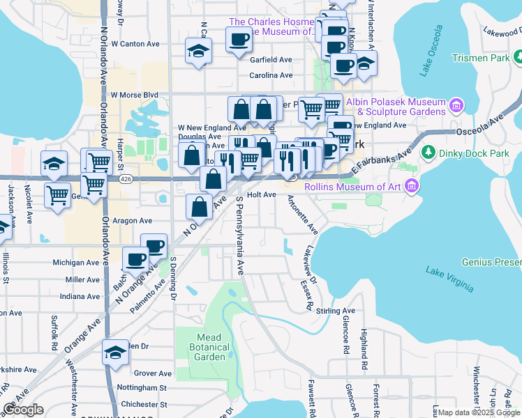 map of restaurants, bars, coffee shops, grocery stores, and more near 766 McIntyre Avenue in Winter Park