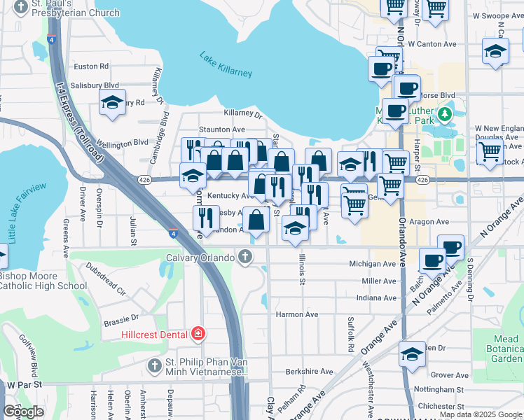 map of restaurants, bars, coffee shops, grocery stores, and more near 713 Clay Street in Winter Park