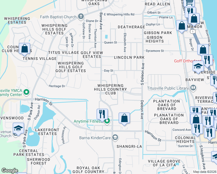 map of restaurants, bars, coffee shops, grocery stores, and more near 2025 Fairlane Drive in Titusville
