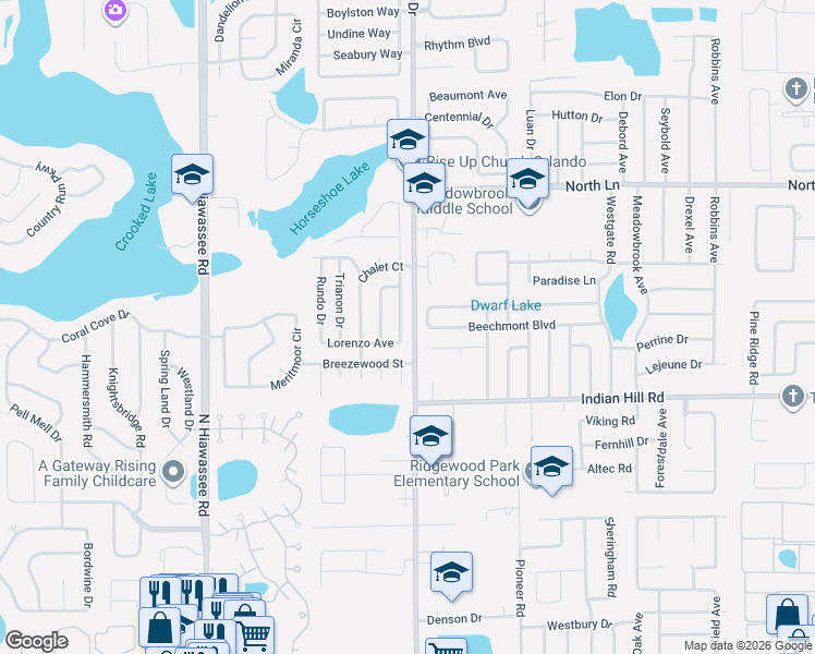 map of restaurants, bars, coffee shops, grocery stores, and more near 3657 Yosemite Drive in Orlando
