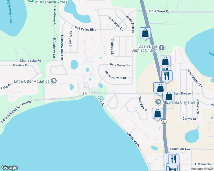 map of restaurants, bars, coffee shops, grocery stores, and more near 625 Park Valley Circle in Minneola