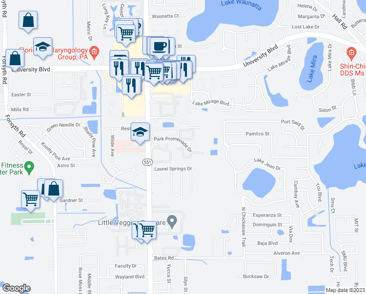 map of restaurants, bars, coffee shops, grocery stores, and more near 3617 Sweet Grass Circle in Winter Park