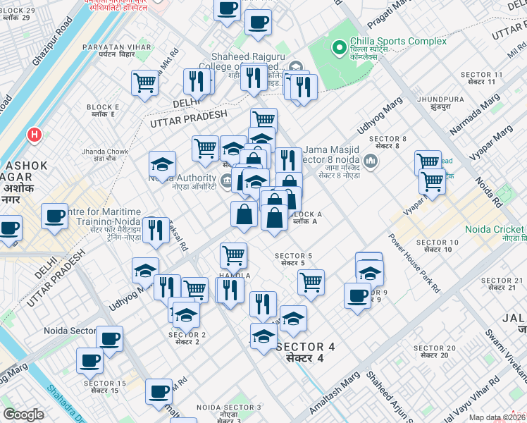map of restaurants, bars, coffee shops, grocery stores, and more near B-120 Udhyog Marg in Noida