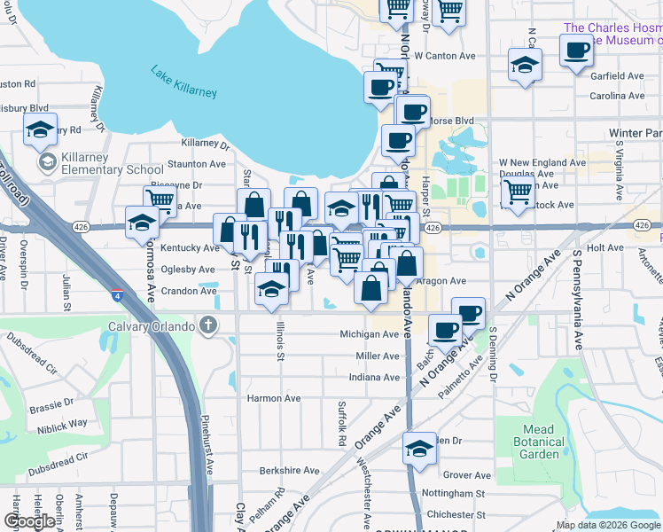 map of restaurants, bars, coffee shops, grocery stores, and more near 712 Nicolet Avenue in Winter Park
