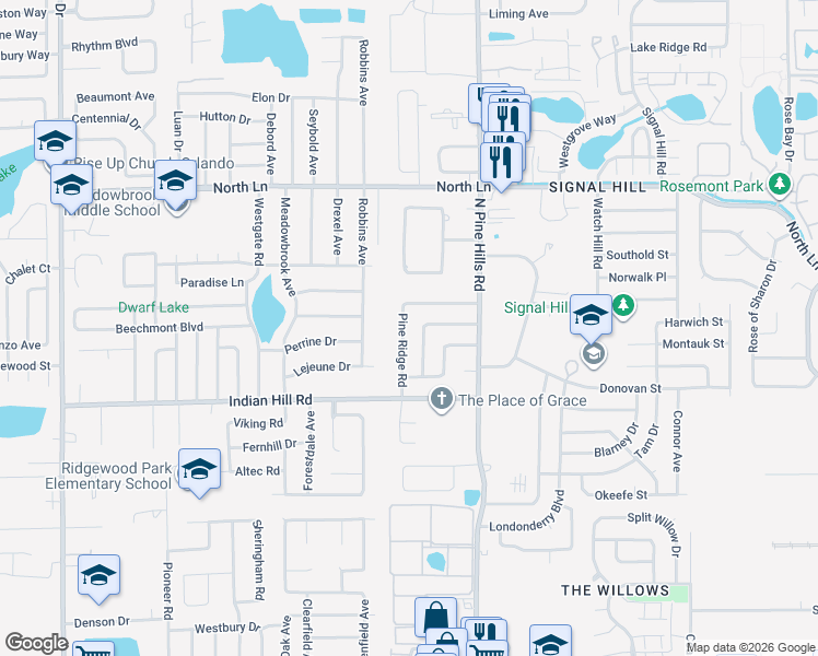 map of restaurants, bars, coffee shops, grocery stores, and more near 3822 Pine Ridge Road in Orlando