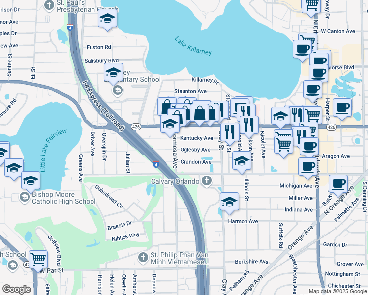 map of restaurants, bars, coffee shops, grocery stores, and more near 2005 Oglesby Avenue in Winter Park