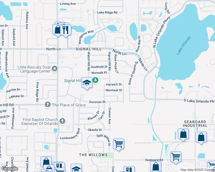 map of restaurants, bars, coffee shops, grocery stores, and more near 4710 Harwich Street in Orlando