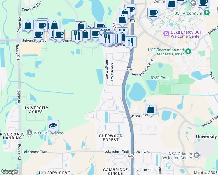 map of restaurants, bars, coffee shops, grocery stores, and more near 11600 Mendel Drive in Orlando