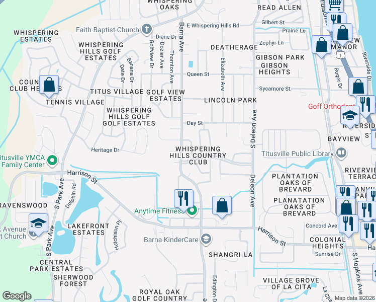 map of restaurants, bars, coffee shops, grocery stores, and more near 2020 Fairlane Drive in Titusville