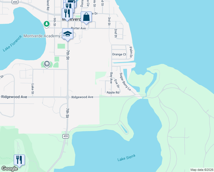 map of restaurants, bars, coffee shops, grocery stores, and more near 16826 Apple Road in Montverde