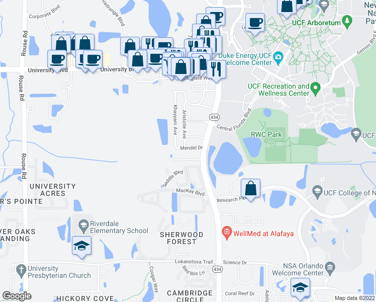map of restaurants, bars, coffee shops, grocery stores, and more near 12112 Mendel Drive in Orlando