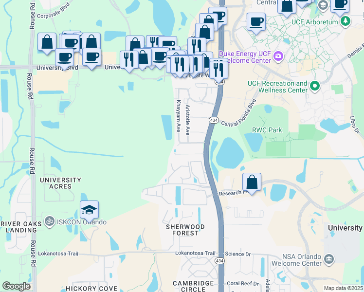 map of restaurants, bars, coffee shops, grocery stores, and more near 11600 Mendel Drive in Orlando