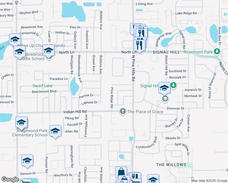 map of restaurants, bars, coffee shops, grocery stores, and more near 3822 Pine Ridge Road in Orlando
