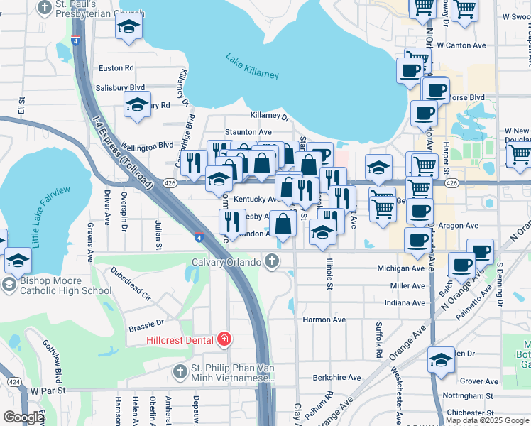 map of restaurants, bars, coffee shops, grocery stores, and more near 1901 Oglesby Avenue in Winter Park